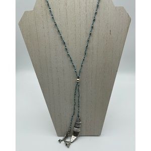 Handmade Lariat Style Silver Fish Beaded Pendant Necklace Beachy Boho